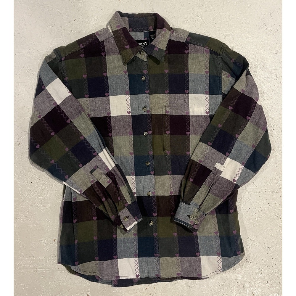 Vintage Company One Valentines Womens M Plaid‎ Flannel Hearts Shirt Embroidered